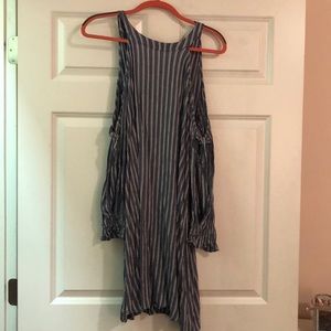 Blue and white pinstripe cold shoulder dress